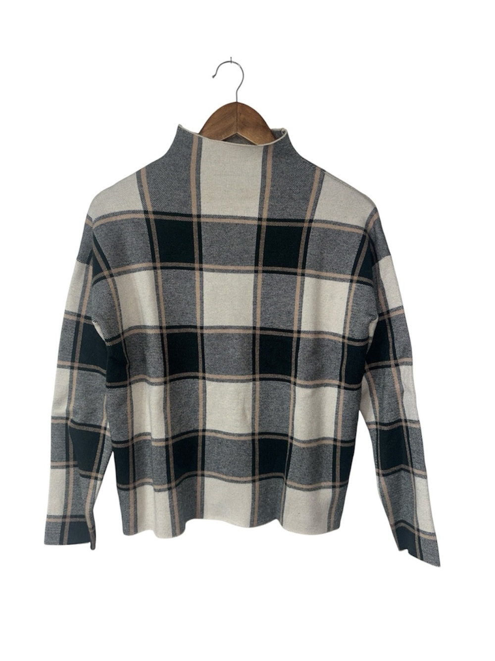 Tahari Neutral Plaid Cowl-Neck Sweater in Cream, Black & Gray